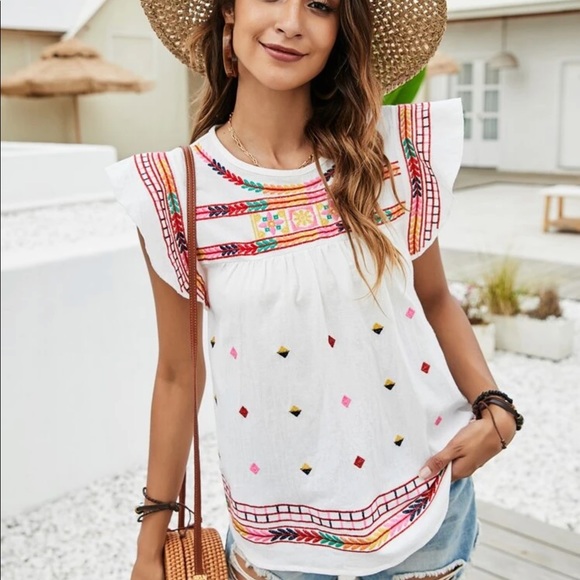 GEO EMBROIDERY BUTTERFLY SLEEVE BLOUSE - Picture 6 of 9